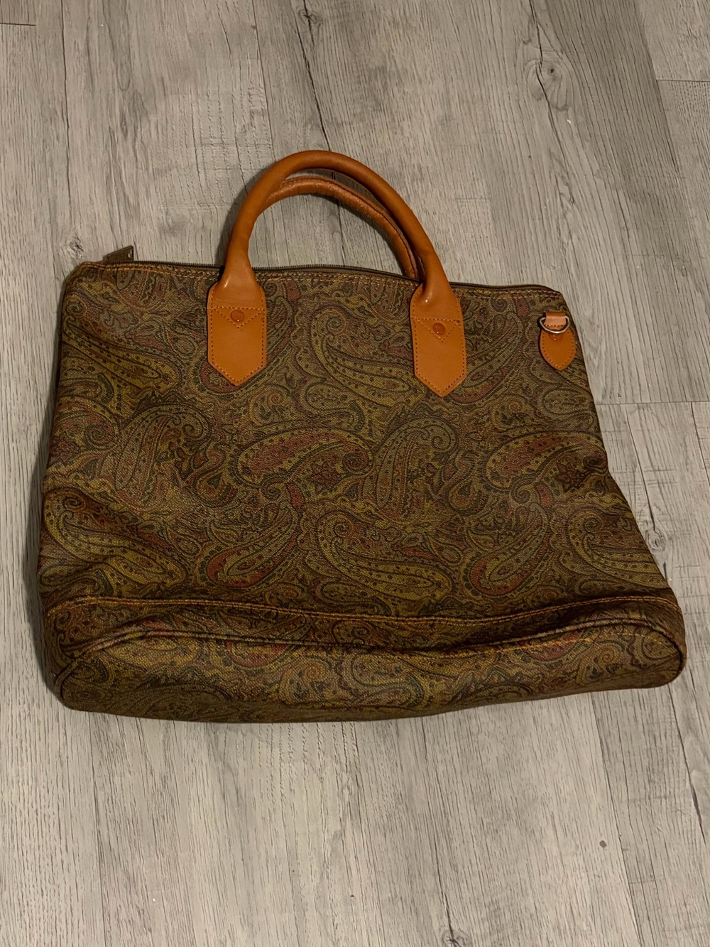 Brown Paisley Canvas Carryall with Tan Leather Handles